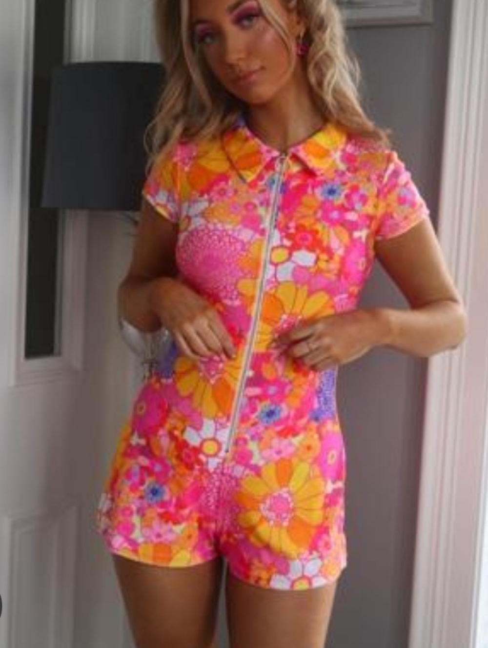 Elsie & Fred Flower Power Terry Cloth Beach Romper Pink & Orange Retro Small